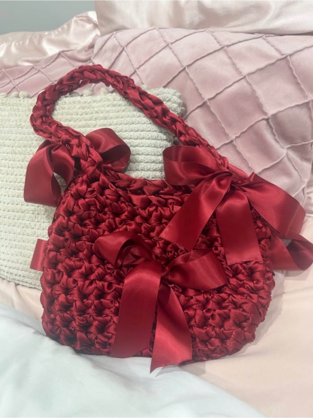 Handwoven Red Satin Ribbon Shoulder Bag